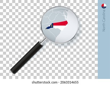 North Carolina Karte mit Fahne in Lupe auf transparentem Hintergrund. Vektorgrafik mit Karte.