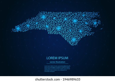 Mapa de Carolina del Norte desde estrellas azules y brillantes en un fondo oscuro. Vector eps 10.