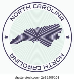 Mapa da Carolina do Norte com título redondo. Anéis de forma de estado. Texto da Carolina do Norte em torno da forma de limite estadual. Incrível ilustração vetorial.
