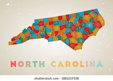 North Carolina map. US state poster with colored regions. Old grunge texture. Vector illustration of North Carolina with US state name.