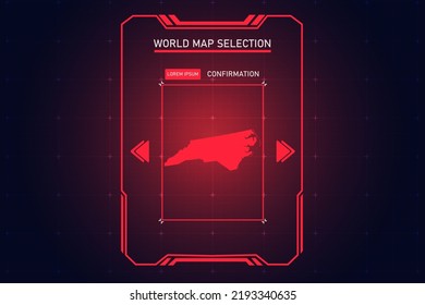 North Carolina Map- USA, Unites States Of America Map Vector Template With Red Color In Perspective Style And HUD, GUI, UI Interface Isolated On Black Background For Design- Vector Illustration Eps 10