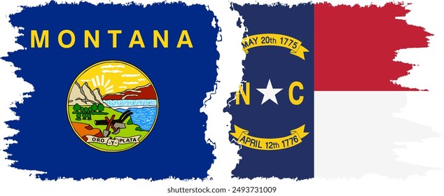 North Carolina and Montana states grunge brush flags connection, vector