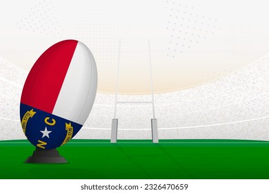 North Carolina national team rugby ball on rugby stadium and goal posts, preparing for a penalty or free kick. Vector illustration.