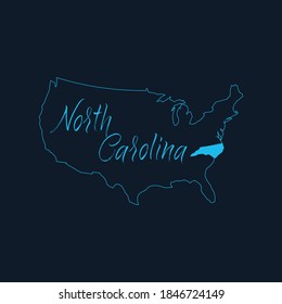 North Carolina NC state highlighted on United States of America map , USA infographics template. Stock vector illustration isolated on blue background.