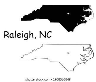 North Carolina NC state Map USA with Capital City Star at Raleigh. Black silhouette and outline isolated on a white background. EPS Vector