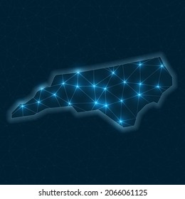 North Carolina network map. Abstract geometric map of the US state. Digital connections and telecommunication design. Glowing internet network. Awesome vector illustration.
