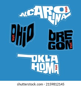 North Carolina, Ohio, Oregon, Oklahoma state names distorted into state outlines. Pop art style vector illustration for stickers, t-shirts, posters and social media.