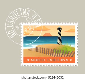 North Carolina postage stamp design. 
Vector illustration of lighthouse on the outer banks. Grunge postmark on separate layer