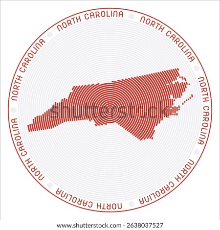 North Carolina round logo design. State shape build of rings. North Carolina text around the state. Vector Illustration.