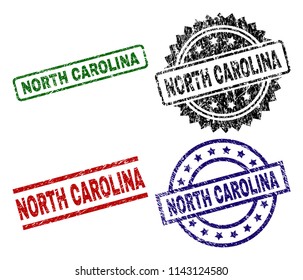 NORTH CAROLINA seal imprints with distress style. Black, green,red,blue vector rubber prints of NORTH CAROLINA title with dirty style. Rubber seals with circle, rectangle, medallion shapes.