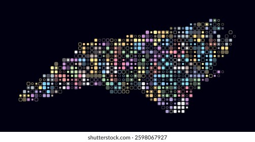 North Carolina, shape of the state build of colored cells. Digital style map of the North Carolina on dark background. Small size rounded square blocks. Amazing vector illustration.