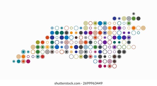 Carolina del Norte, forma de la construcción estatal de células de color. Mapa de estilo digital de Carolina del Norte sobre fondo blanco. Bloques circulares de tamaño Grande. Simple Ilustración vectorial.