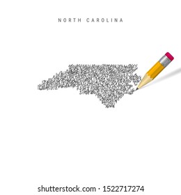 North Carolina sketch scribble map isolated on white background. Hand drawn vector map of North Carolina. Realistic 3D pencil with eraser.