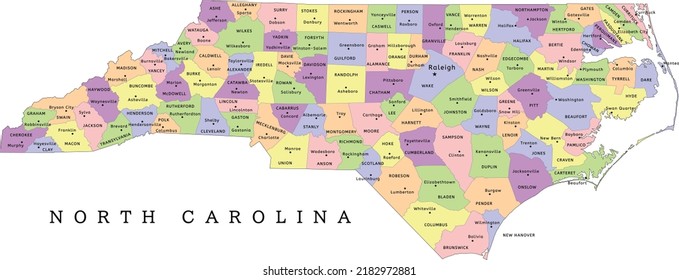 North Carolina state administrative map with counties and seats. Clored. Vectored. Yellow, green, blue, pink, violet, orange