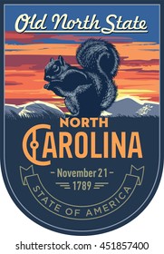 North Carolina state emblem, squirrel, sunset on a blue background