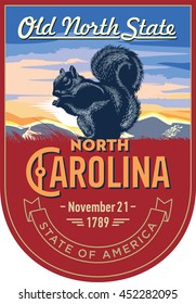 North Carolina state emblem, squirrel, sunrise on a red background