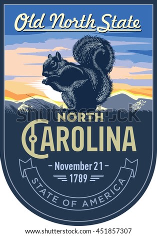North Carolina state emblem, squirrel, sunrise on a blue background