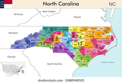 North Carolina state map with counties borders and colored congressional districts boundaries due to The 2020 United States census and which is valid from 2025. Flag of North Carolina. Vector