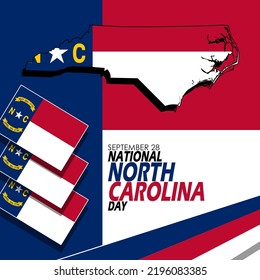 North Carolina state map and flags with bold text and ribbon to commemorate National North Carolina Day on September 28 