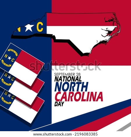 North Carolina state map and flags with bold text and ribbon to commemorate National North Carolina Day on September 28 