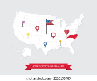 North Carolina State map highlighted on USA map. North Carolina map on United state of America with flag and navigation icons.