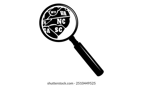 NORTH CAROLINA state map in magnifying glass, black isolated silhouette