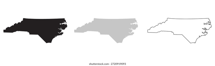 Mapa Estatal de Carolina del Norte. Contorno del estado de Carolina del Norte en tres colores que muestran representaciones en blanco, negro y gris Ilustración vectorial