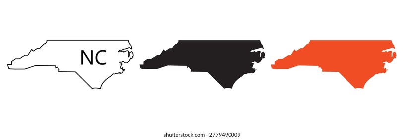 North Carolina state map silhouette and outline set. NC country border in black and orange for USA geography and travel concept, flat vector isolated.

