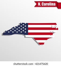 North  Carolina State map with US flag inside and ribbon