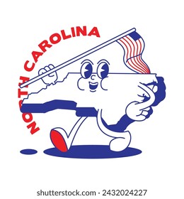 North Carolina State retro mascot with hand and foot clip art. USA Map Retro cartoon stickers with funny comic characters and gloved hands. Vector template for website, design, cover, infographics.