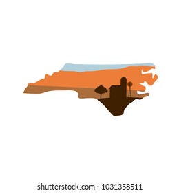 North Carolina State Shape w Farm at Sunset with Windmill, Barn, and a Tree