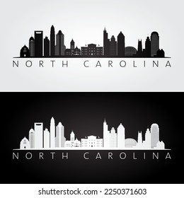 North Carolina state skyline and landmarks silhouette, black and white design. Vector illustration.