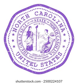 North Carolina state stamp with seal, USA travel stamp, shabby postmark of North Carolina, vector