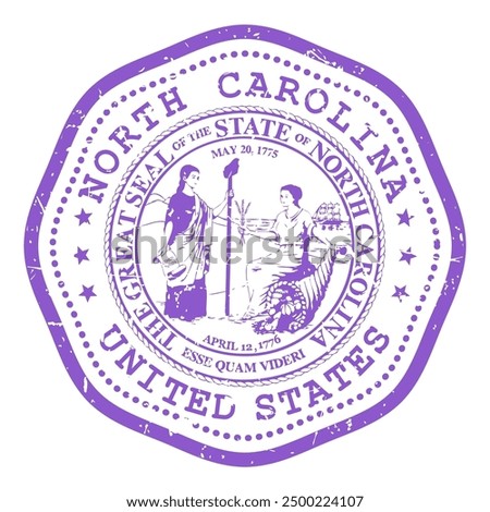 North Carolina state stamp with seal, USA travel stamp, shabby postmark of North Carolina, vector