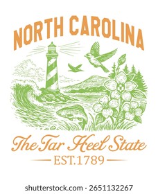 North Carolina The Tar Heel State Design - US State Vintage T-shirt Vector, USA States Cityscape Landmark Icons, American State Typography Shirt, USA Skyline Clipart, Retro travel city illustration