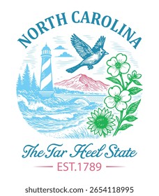 Carolina do Norte O Estado do Salto do Alcatrão - Estados Unidos Estado Cityscape T-shirt Vetor, Ícones americanos de referência, Vintage Estados Cityscape Camisa, Retro Travel City Art, Estados Landmark Quotes, Estado Vacation Illustrati