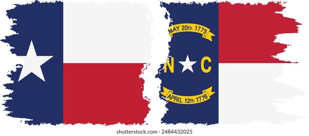 North Carolina and Texas states grunge brush flags connection, vector