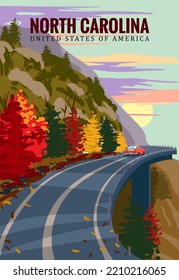 North Carolina travel vintage poster, autumn road, car, mountains. Retro illustration