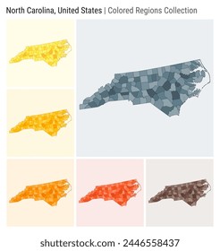 North Carolina, United States. Map collection. State shape. Colored counties. Blue Grey, Yellow, Amber, Orange, Deep Orange, Brown color palettes. Border of North Carolina with counties.