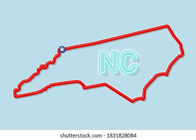 North Carolina US state bold outline map. Glossy red border with soft shadow. Two letter state abbreviation. Vector illustration.