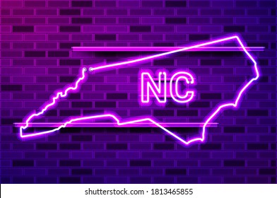 North Carolina US state glowing neon lamp sign. Realistic vector illustration. Purple brick wall, violet glow, metal holders.