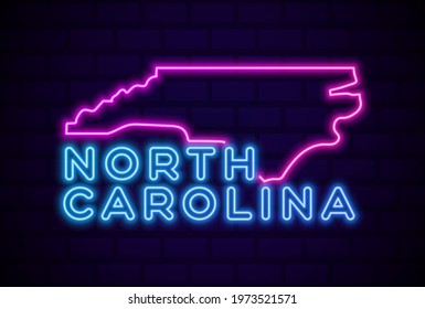 north carolina US state glowing neon lamp sign Realistic vector illustration Blue brick wall glow