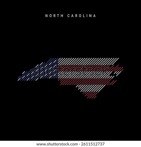 North Carolina US state hatched silhouette map of slanted parallel lines pattern in the colors of the American flag, textured stylized map. Vector illustration isolated on black.