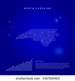 North Carolina US state illuminated map with glowing dots. Infographics elements. Dark blue space background. Vector illustration. Growing chart, lorem ipsum text.