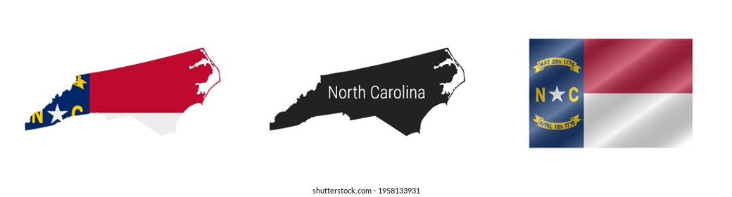 North Carolina US state map with masked flag. Detailed silhouette. Waving flag. Vector illustration isolated on white.