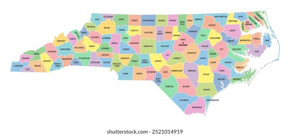 Carolina do Norte, estado dos EUA, subdividido em 100 condados, mapa político multicolorido com a capital Raleigh, fronteiras e nomes de condados. Estado na região sudeste dos Estados Unidos. Estado do Salto de Alcatrão.