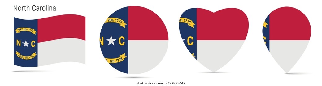North Carolina US state waving flag, round circle sticker badge, heart shaped icon, map pin. Flag buttons of different shapes. Vector illustration isolated on white.