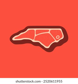 North Carolina, USA map for steak meat logo. Vector retro black and red meat dishes logotype illustration. Graphic grill BBQ label, emblem, symbol. Premium beef restaurant badge