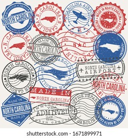 North Carolina, USA Set of Stamps. Travel Passport Stamps. Made In Product. Design Seals in Old Style Insignia. Icon Clip Art Vector Collection.