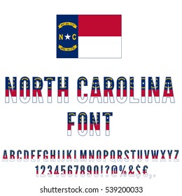 North Carolina USA state flag font. Alphabet, numbers and symbols stylized by state flag. Vector typeset